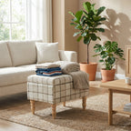 Linen Fabric Upholstered Footstool, Rectangular Storage Stool with Removable Top, Padded Seat and Hidden Space, Brown