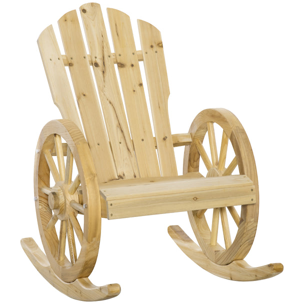 Natural fir wood Adirondack rocking chair with large decorative wheel sides