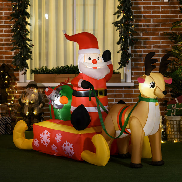 4ft Santa Sleigh and Reindeer Christmas Inflatable displayed outside a decorated home