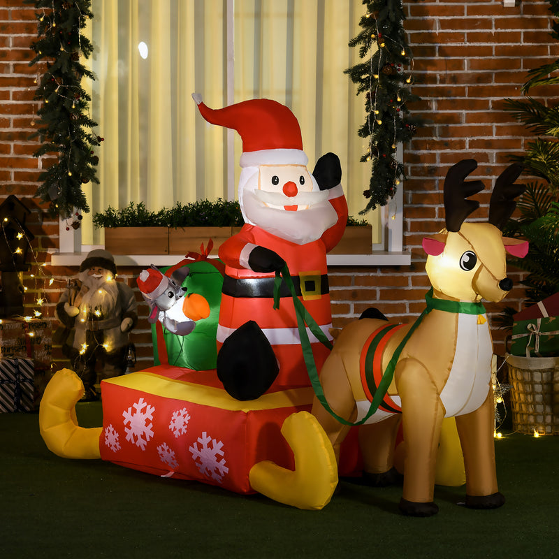 4ft Santa Sleigh and Reindeer Christmas Inflatable displayed outside a decorated home