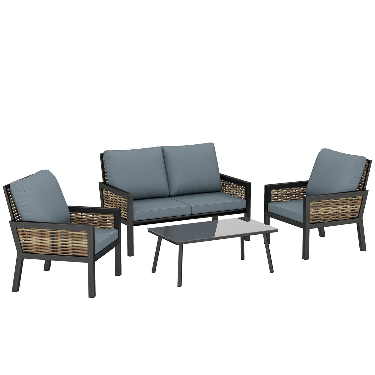 Outsunny 4 Seater Rattan Garden Furniture Set with 2 Armchairs, Loveseat, Coffee Table, Garden Sofa Set with Cushions