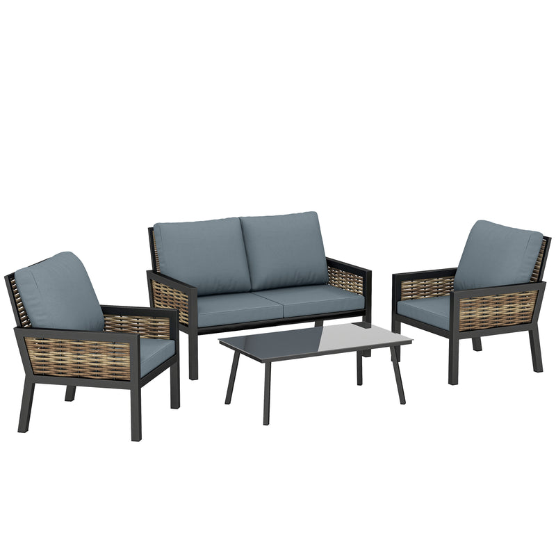 Outsunny 4 Seater Rattan Garden Furniture Set with 2 Armchairs, Loveseat, Coffee Table, Garden Sofa Set with Cushions
