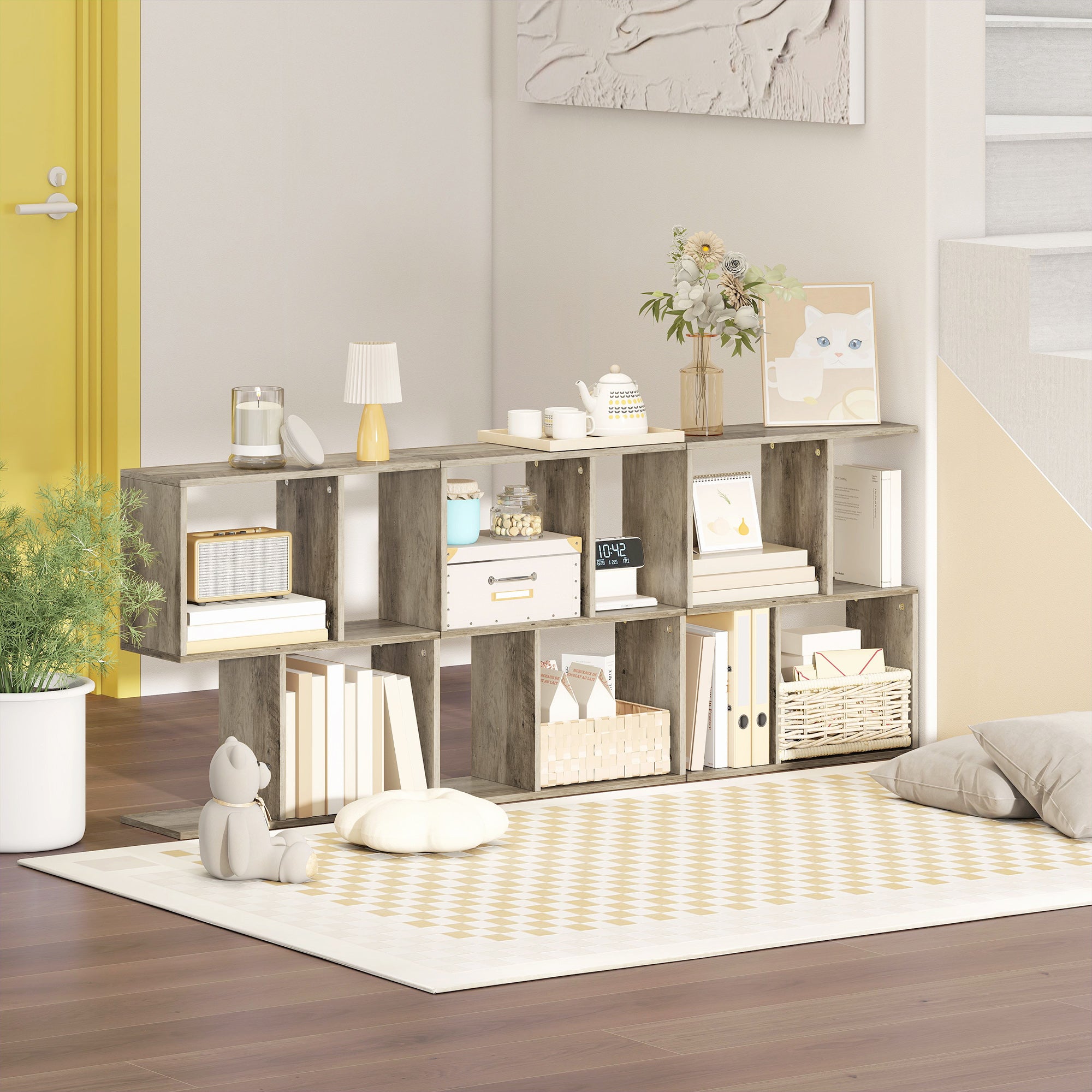 Side Table, Narrow End Table with Storage Shelves, S-Shaped, 3-Tier, 50W x 19.5D x 58H cm, Grey