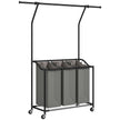 Rolling laundry sorter with three grey 42 L bags and extendable hanging rail