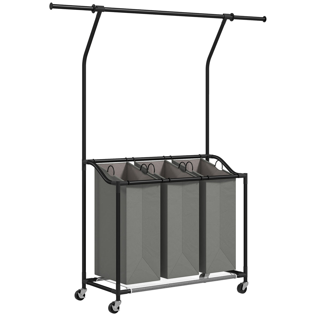 Rolling laundry sorter with three grey 42 L bags and extendable hanging rail