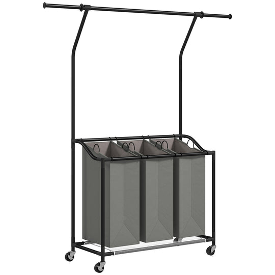 Rolling laundry sorter with three grey 42 L bags and extendable hanging rail
