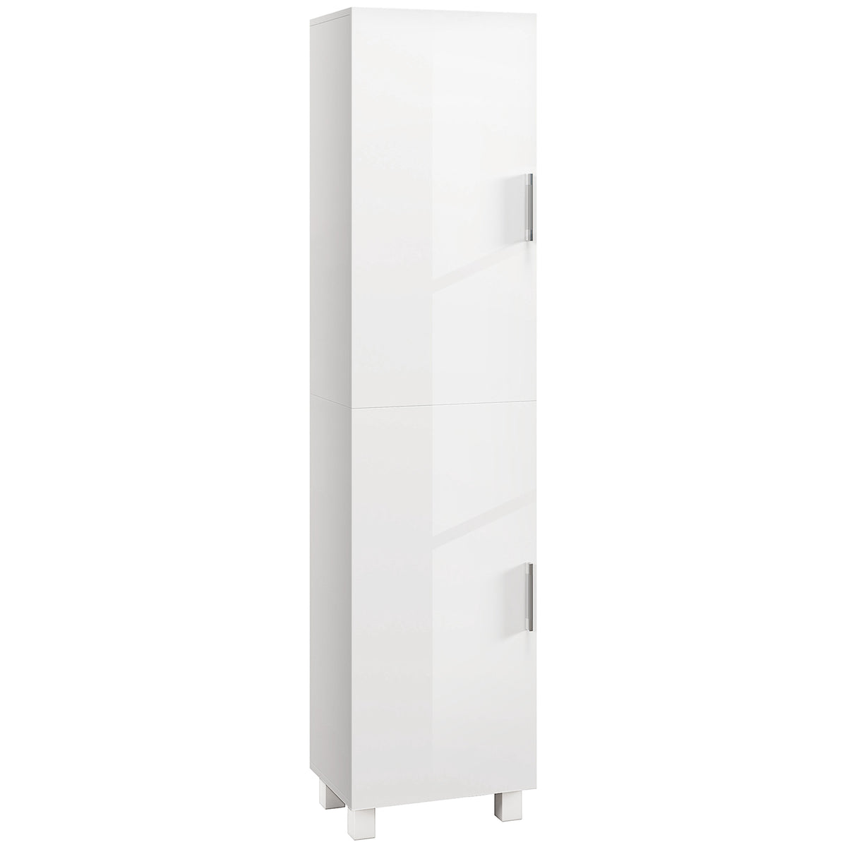 Tall white high-gloss bathroom cabinet with double doors and adjustable shelves