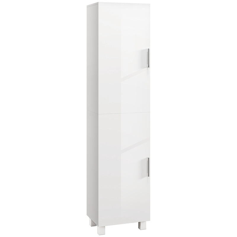 Tall white high-gloss bathroom cabinet with double doors and adjustable shelves