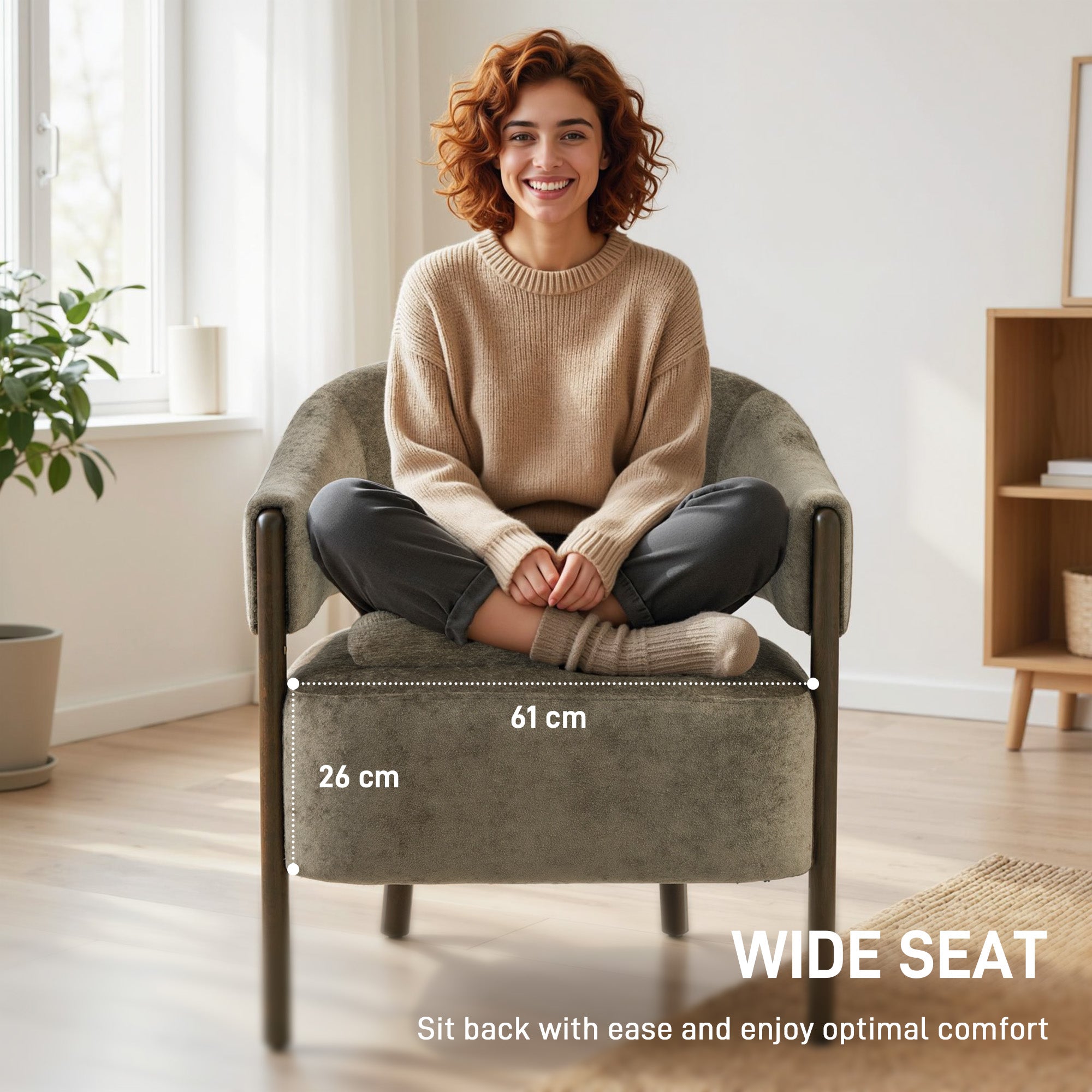 Accent Chair, Upholstered Tub Chair with Solid Wood Frame and Legs, Light Brown