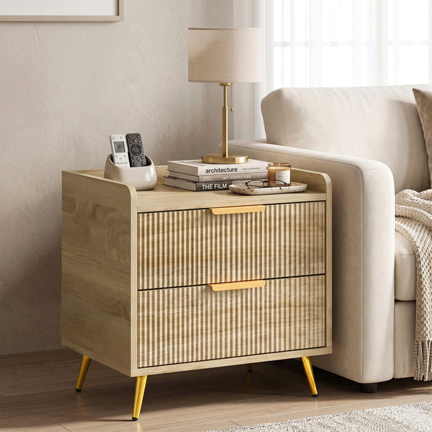 HOMCOM Bedside Table with 2 Drawers, Side End Table with Metal Legs for Bedroom, Living Room, Natural Wood Finish – view 2