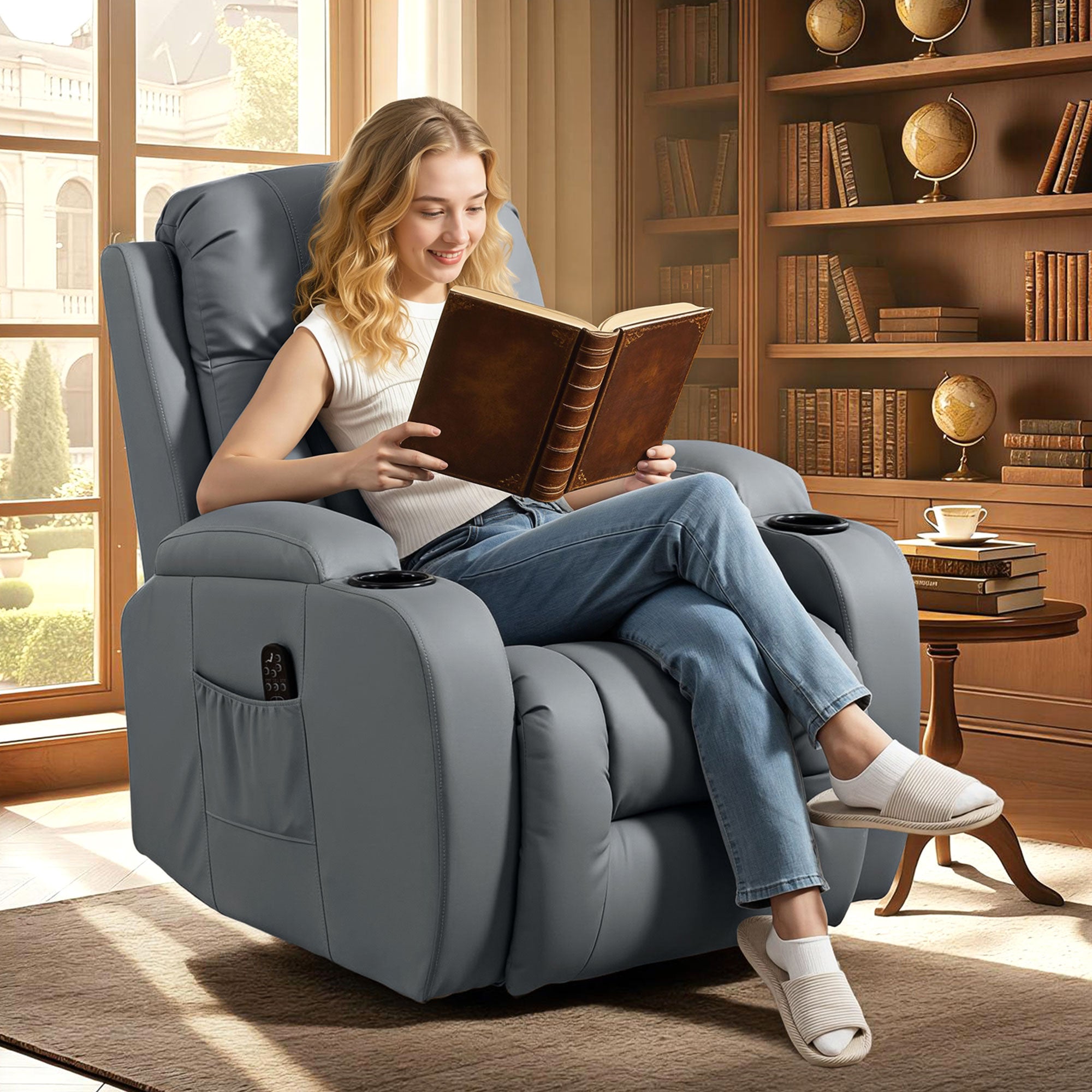 Massage Recliner Armchair, PU Leather Recliner Chair, Grey