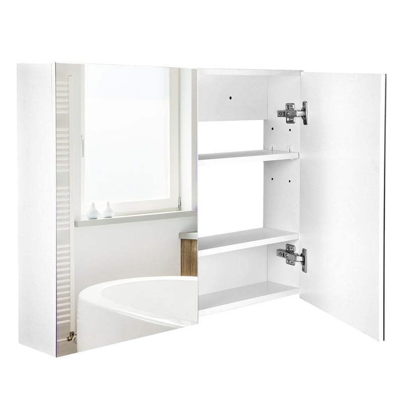 White 80 x 60 cm wall-mounted bathroom mirror cabinet with two mirrored soft-close doors