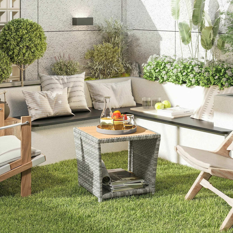 Outsunny Side Table 2-Tier Outdoor Coffee Table with Storage Shelf PS Wood Slat Top/Light Grey – view 2