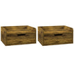 Pair of rustic brown floating bedside tables with pull-out drawers mounted on a bedroom wall