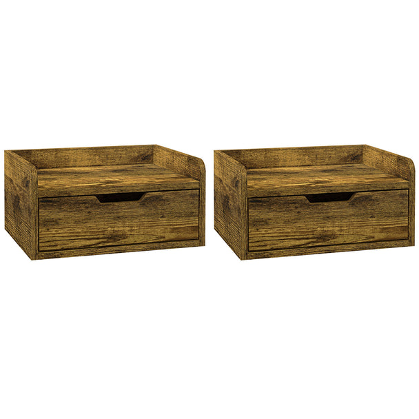 Pair of rustic brown floating bedside tables with pull-out drawers mounted on a bedroom wall