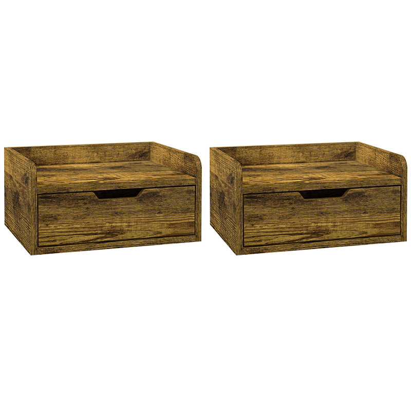 Pair of rustic brown floating bedside tables with pull-out drawers mounted on a bedroom wall