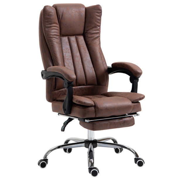 Brown microfibre high-back reclining office chair with thick padding, armrests and pull-out footrest