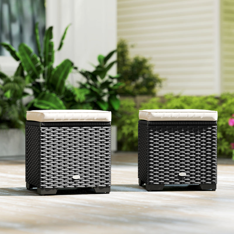 Outsunny Set of 2 Rattan Storage Ottoman, Outdoor Footstool with Removable Cushions, Garden Storage Seat for Balcony – view 8