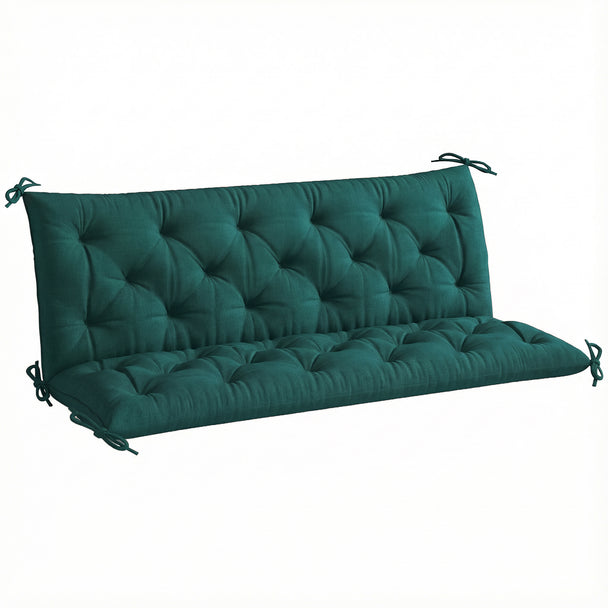 Green 3-seater bench cushion with back, 150 x 98 cm, tied to a garden bench
