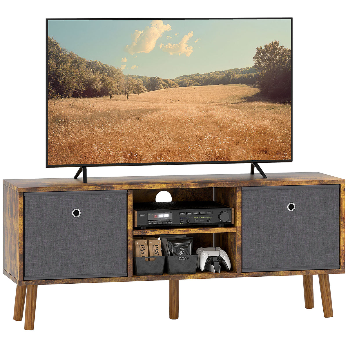 110 cm TV Stand with 2 Removable Fabric Drawers – Rustic Brown