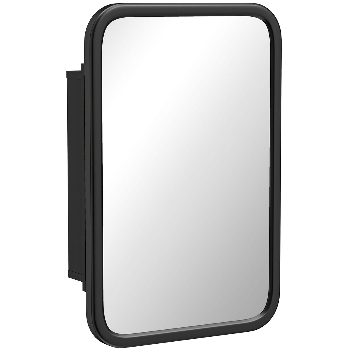 Black wide-frame metal bathroom mirror cabinet with tempered mirror door and three shelves