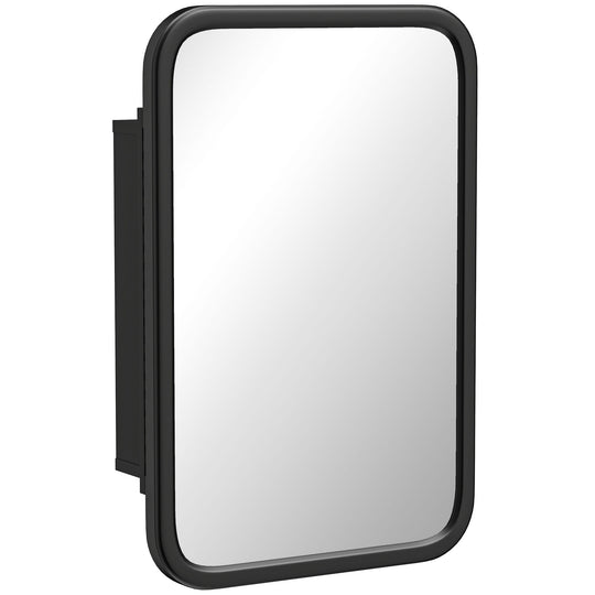 Black wide-frame metal bathroom mirror cabinet with tempered mirror door and three shelves