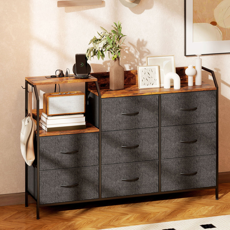 HOMCOM Chest of Eight Drawers, with Charging Station - Brown/Black – view 2