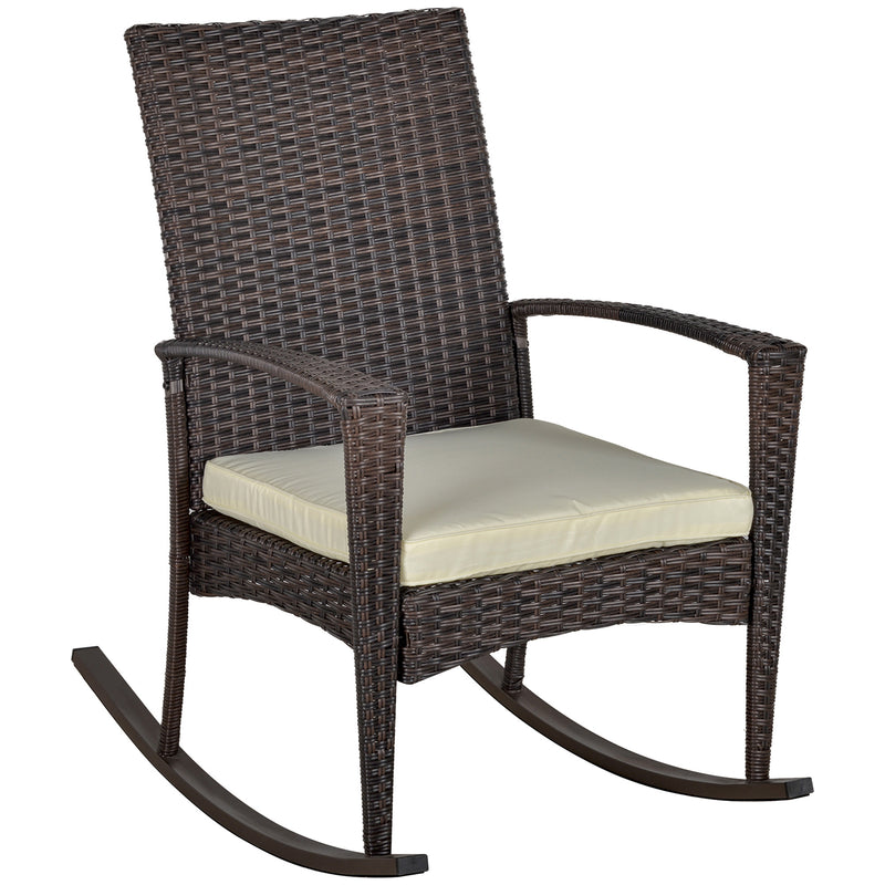 Brown rattan garden rocking chair with beige padded cushion