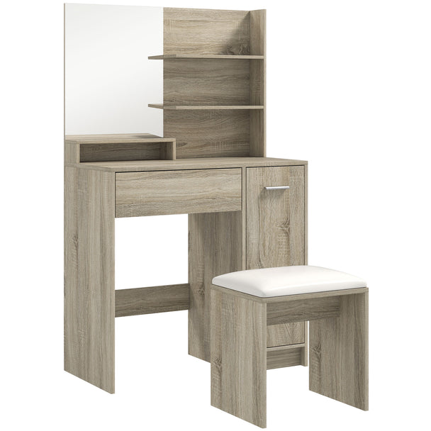 Natural wood-effect dressing table with mirror, side shelves, drawer, cupboard and padded stool