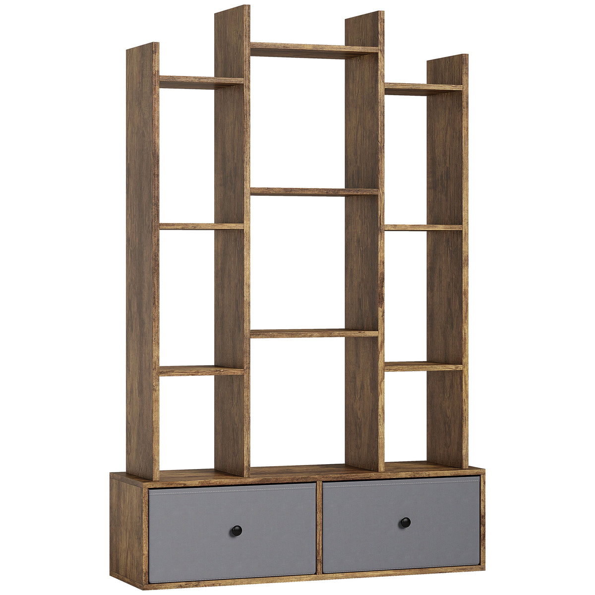12-Shelf Storage Unit with 2 Drawers – Rustic Brown