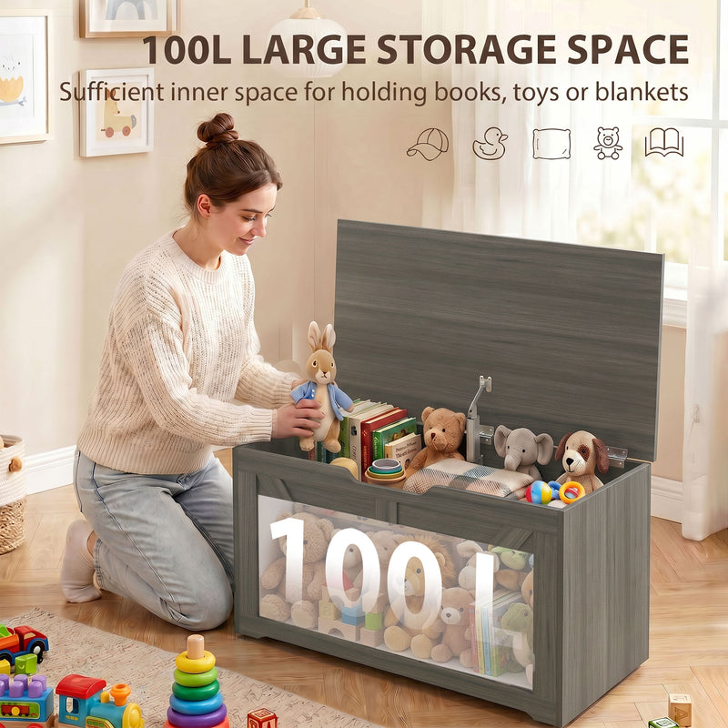 HOMCOM 100L Home Storage Box, with Safety Hinge - Dark Grey Wood-Effect – view 4