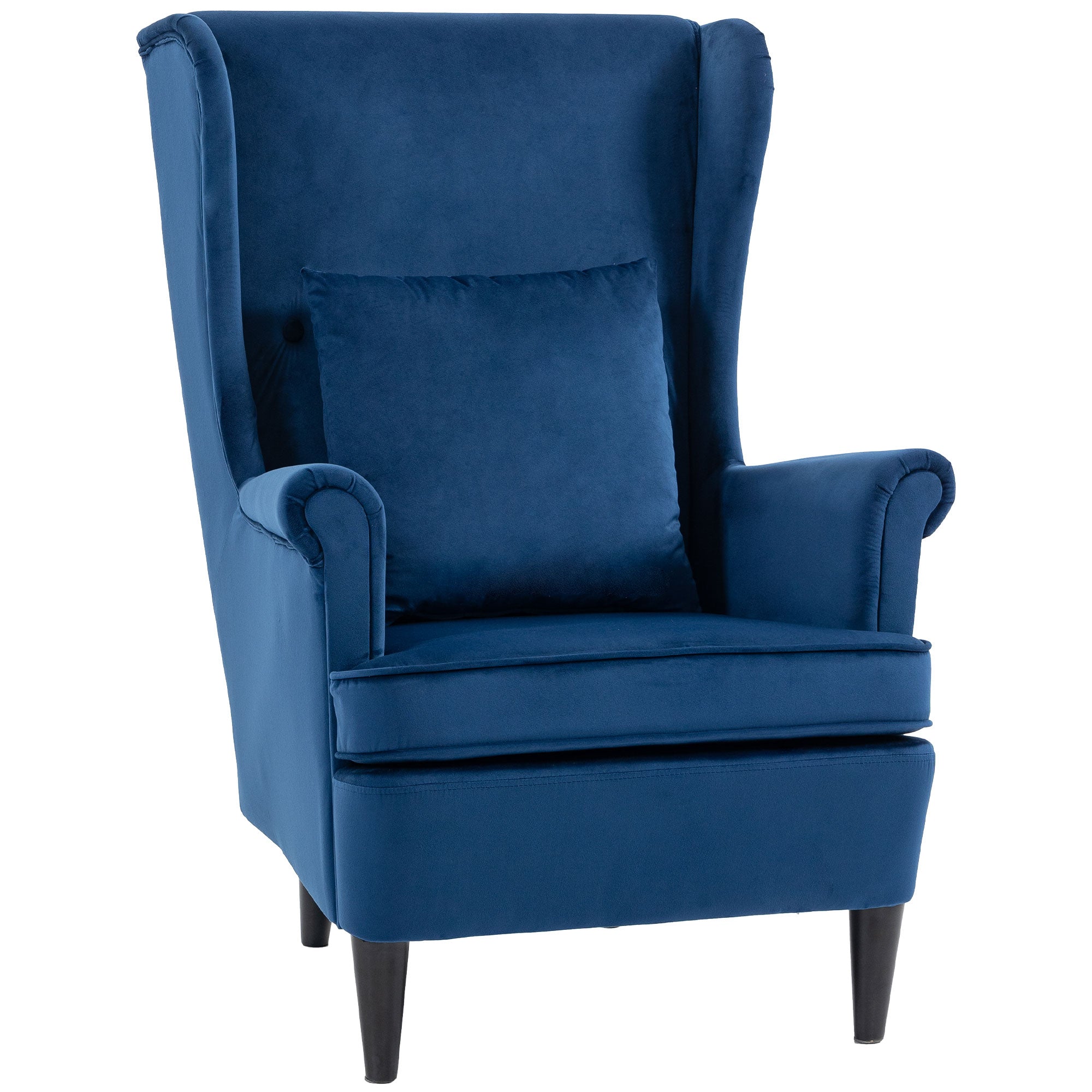 Modern Accent Chair with High Backrest and Pillow, Velvet-Feel Fabric Reading Chair with Solid Wood Legs, Blue