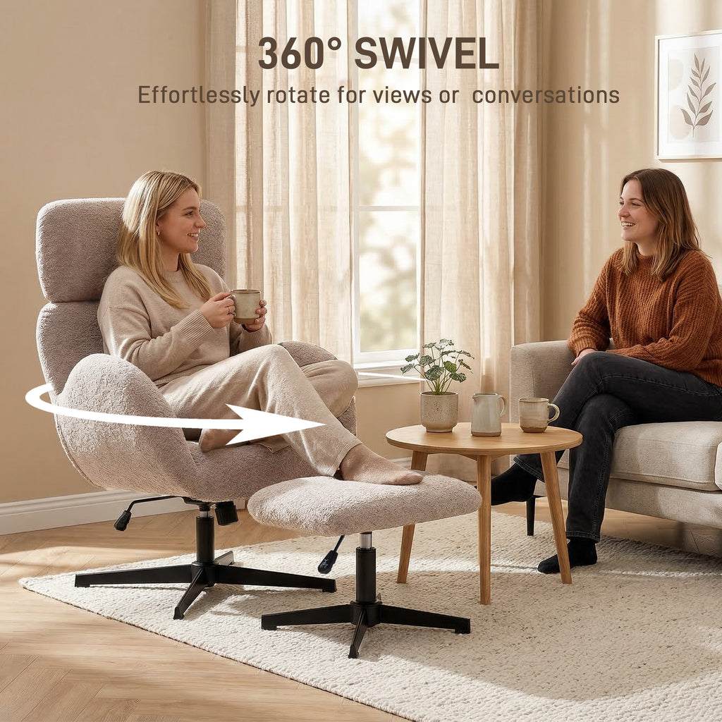 Swivel Armchair and Footstool Set, Height Adjustable Accent Chair with Adjustable Headrest, Rocking Function, Light Brown