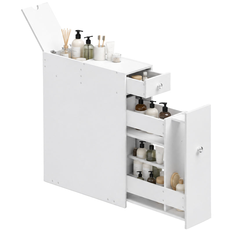 Narrow 17 cm white slide-out bathroom cabinet with drawers next to a toilet
