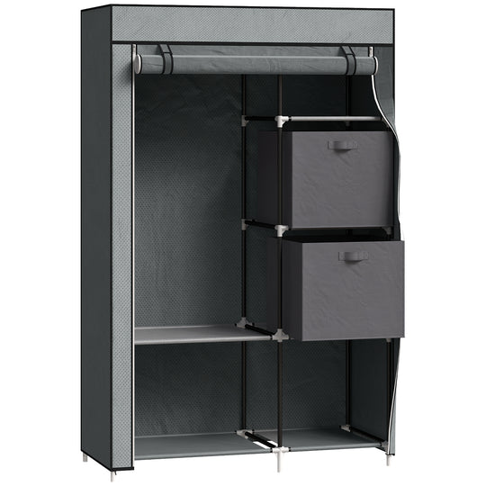 Dark grey 102 cm fabric wardrobe with hanging section, five compartments and two fabric drawers