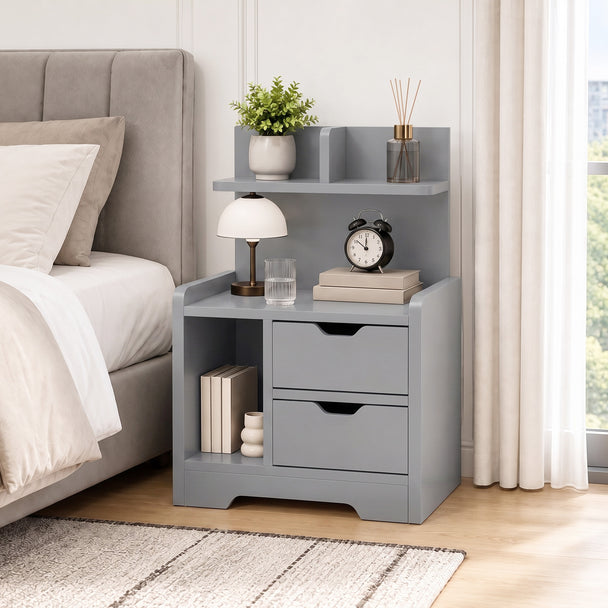 HOMCOM Bedside Table, Small Bedside Cabinet with 2 Drawers and Storage Shelves, Modern Nightstand for Bedroom, Grey – view 2