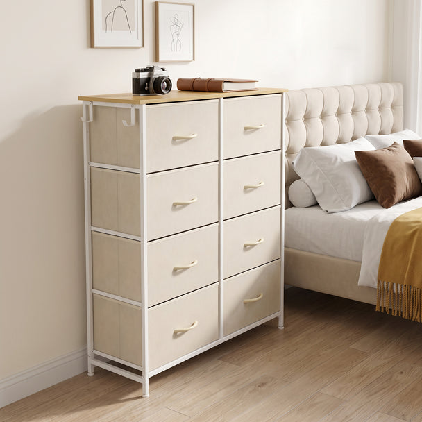 HOMCOM Chest of Drawers, Dresser with 8 Fabric Drawers, Tall Storage Unit with 4 Pockets and 2 Hooks Steel Frame, Beige – view 2