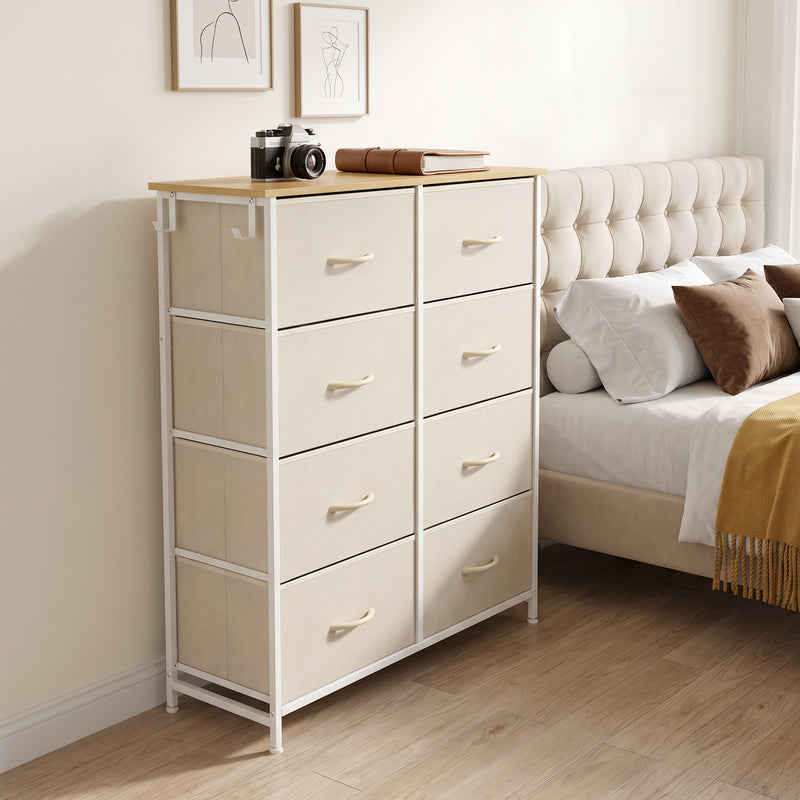 HOMCOM Chest of Drawers, Dresser with 8 Fabric Drawers, Tall Storage Unit with 4 Pockets and 2 Hooks Steel Frame, Beige – view 2