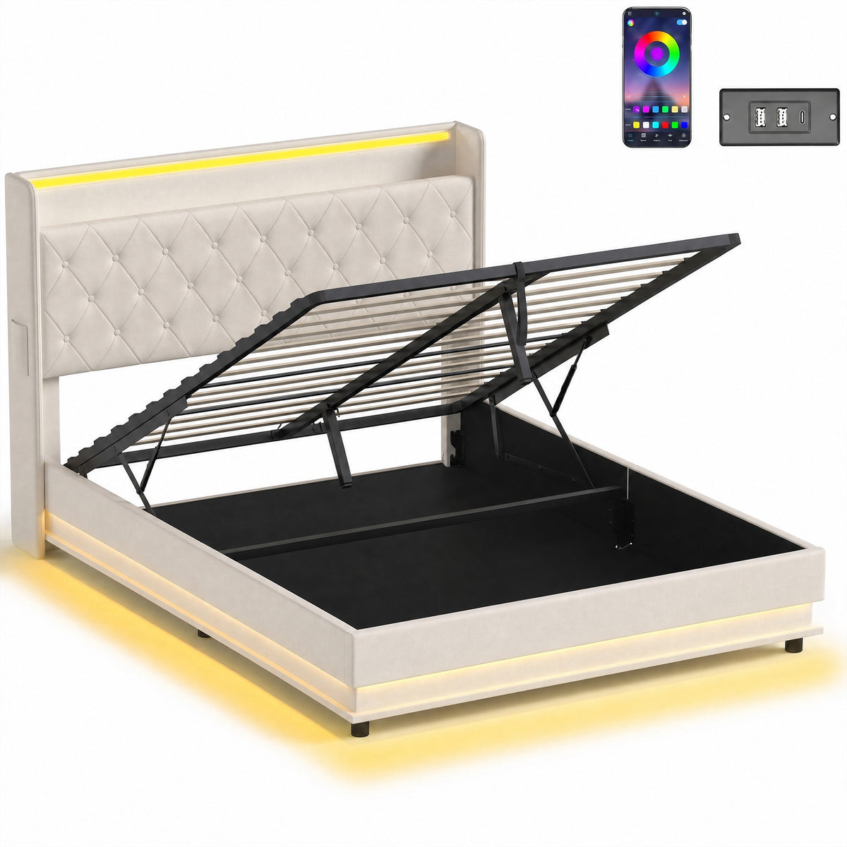 Cream 5ft king ottoman storage bed with cushioned headboard, LED lights and lifted storage base