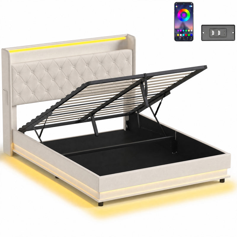 Cream 5ft king ottoman storage bed with cushioned headboard, LED lights and lifted storage base