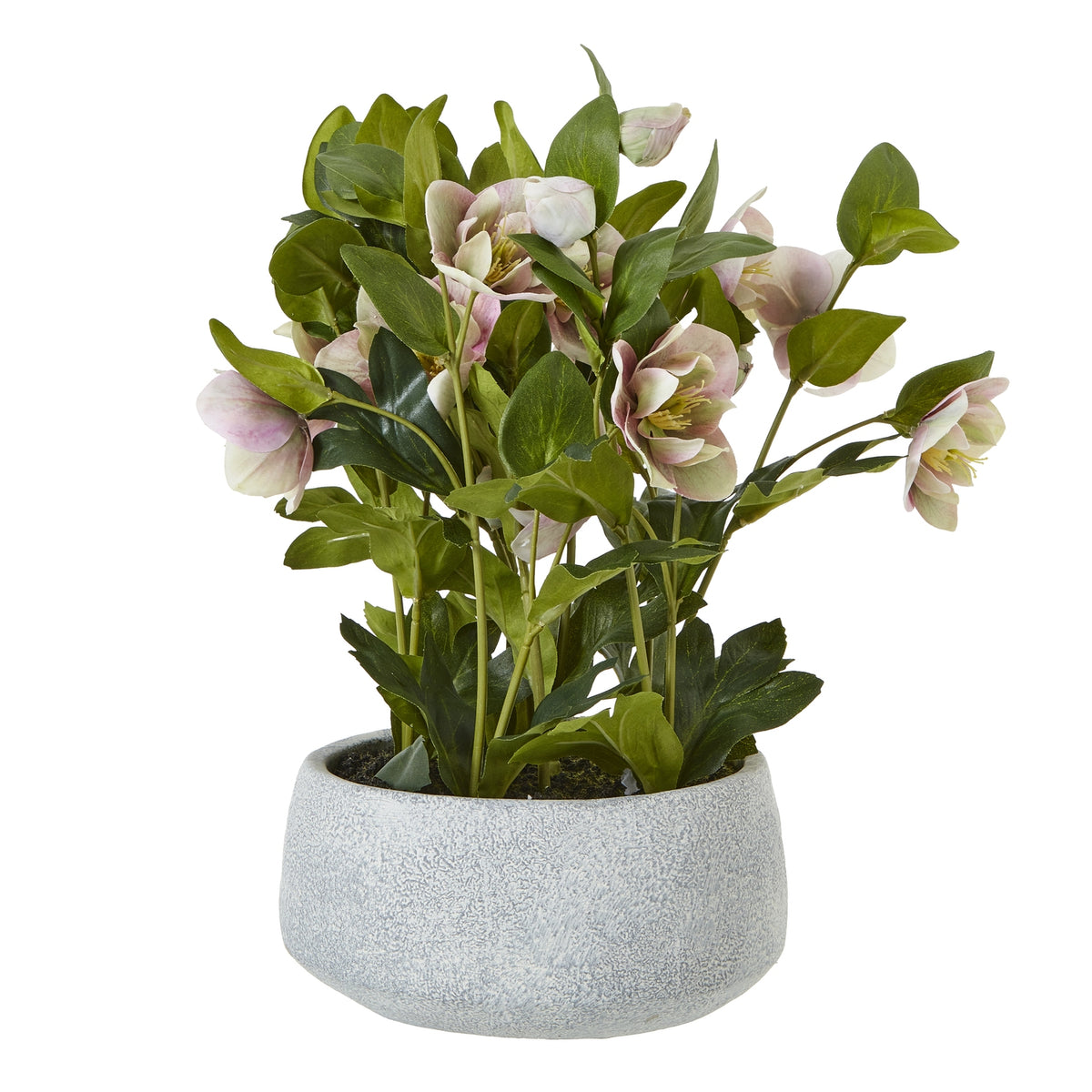 variegated pink artificial hellebore in a grey pot