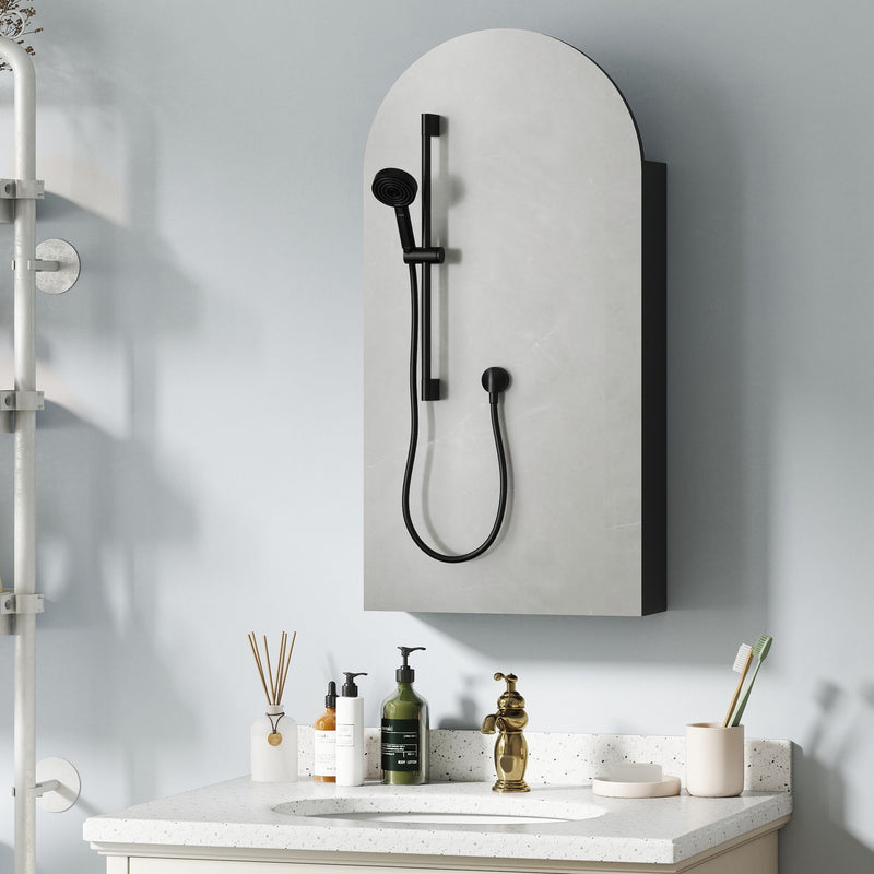 Arched mirror cabinet with glass shelves in black – image 9