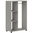 Grey open wardrobe on wheels with aluminium hanging rail and three shelves