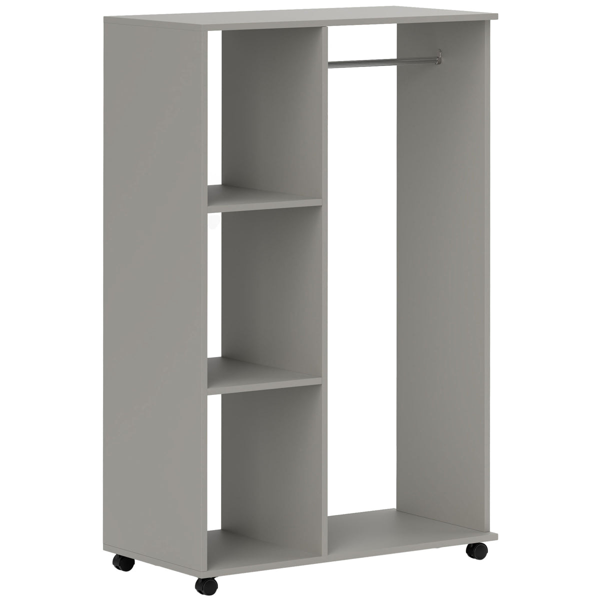 Grey open wardrobe on wheels with aluminium hanging rail and three shelves