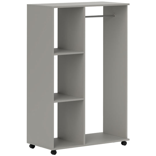 Grey open wardrobe on wheels with aluminium hanging rail and three shelves