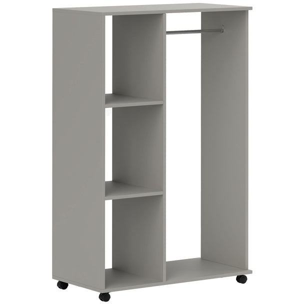 Grey open wardrobe on wheels with aluminium hanging rail and three shelves
