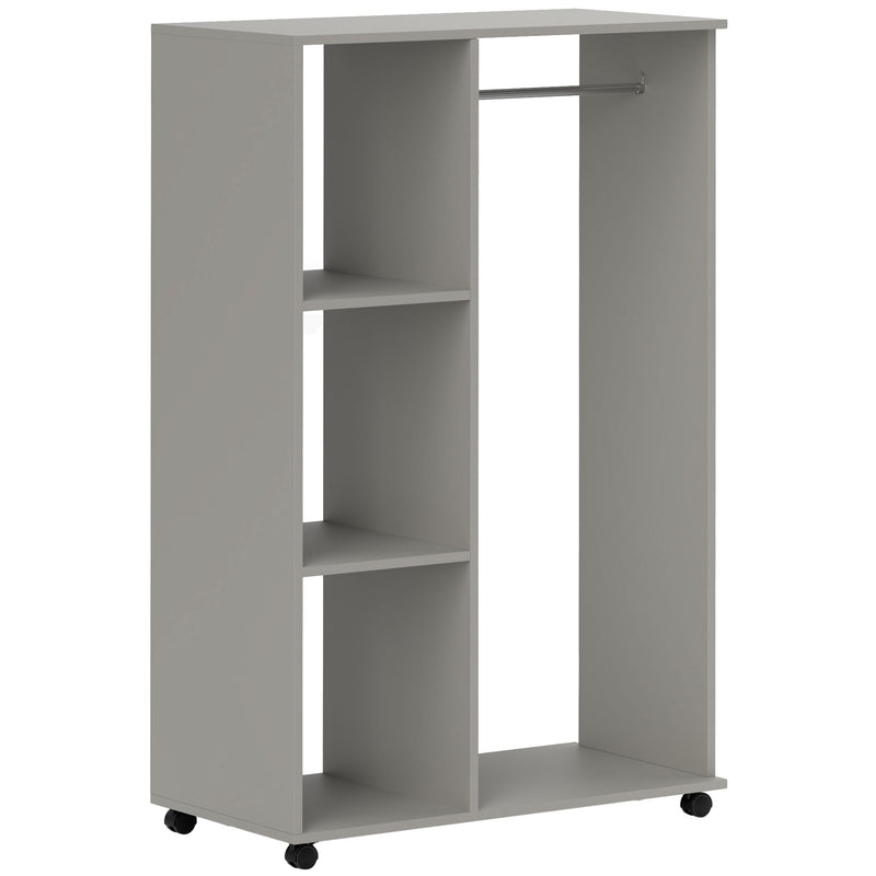 Grey open wardrobe on wheels with aluminium hanging rail and three shelves