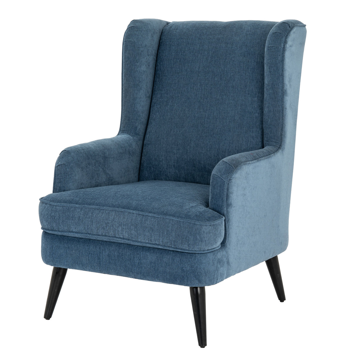 Vellis blue wingback armchair, three-quarter view
