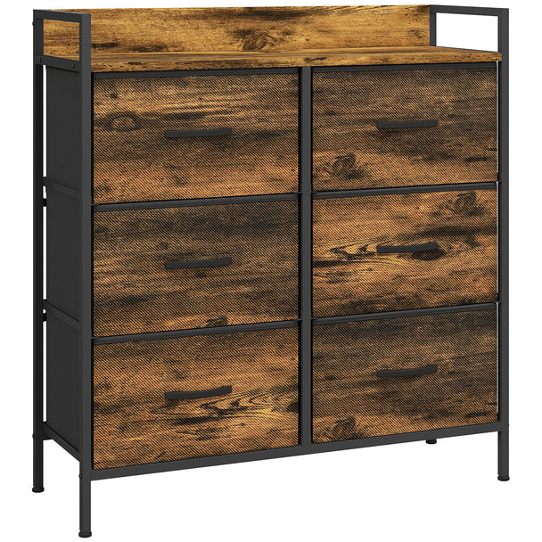 Rustic brown chest with six fabric drawers and black steel frame