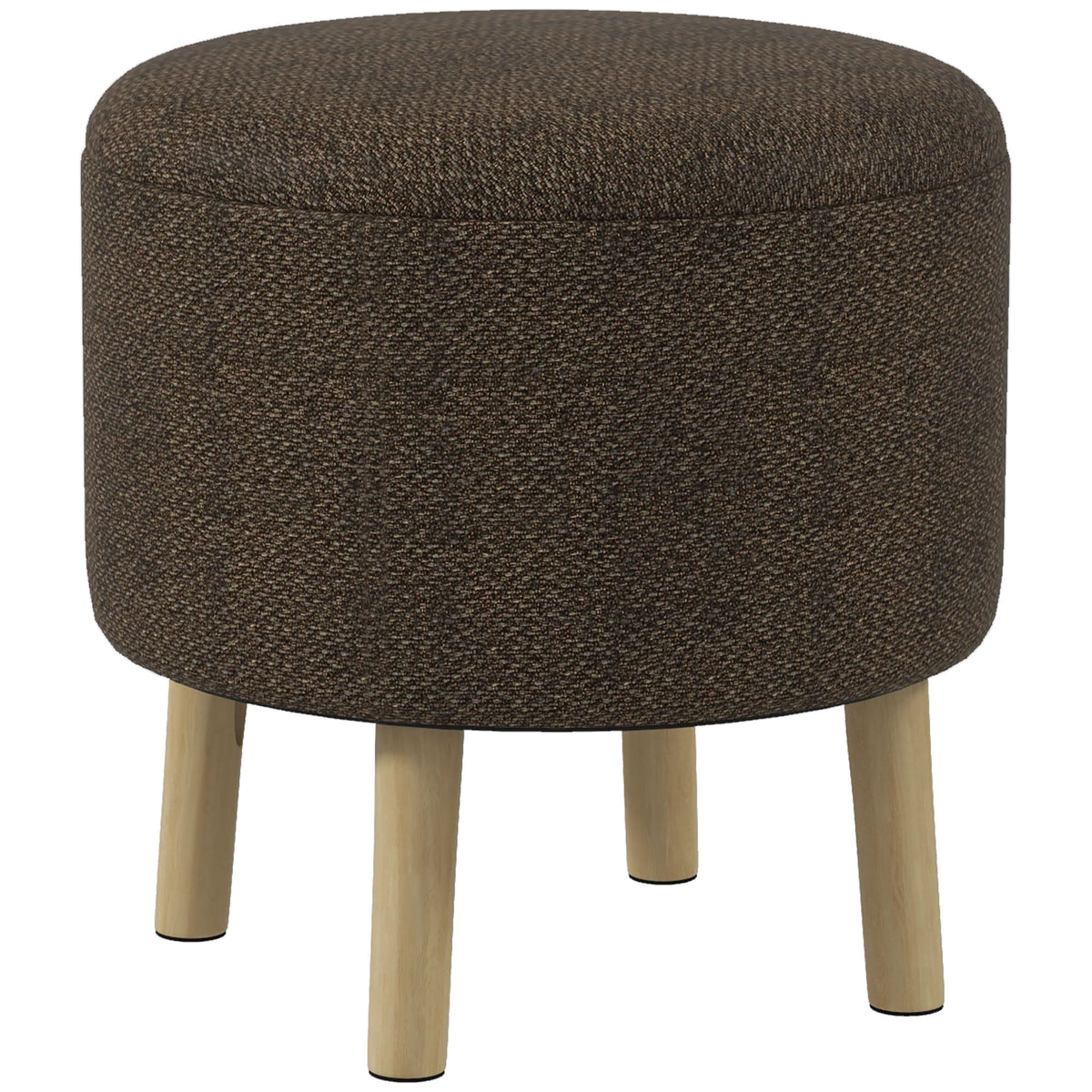 Round Linen-Look Storage Ottoman with Wooden Legs – Brown